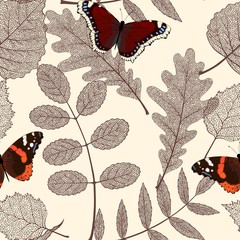 Seamless floral pattern with leaves and butterfly