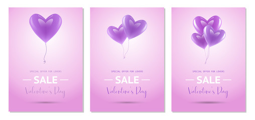 Valentine's day sale poster, banner set. 3 different Valentine's day discount poster from violet balloon hearts in soft backgrounds. Realistic, 3D concept vector illustrations.