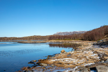 On hike coastal landscape at Helgeland in Norway