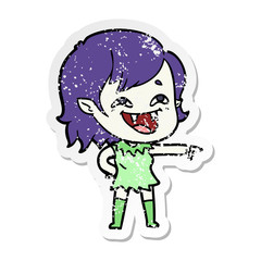 distressed sticker of a cartoon laughing vampire girl