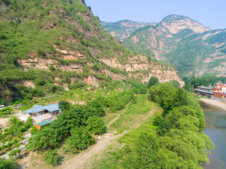 Aerial view mountain during hot green summer, located in Minyun,  next the natural reserve water,  Beijing, China
