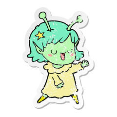 distressed sticker of a happy alien girl cartoon