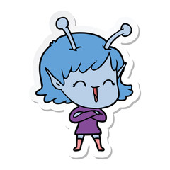 sticker of a cartoon happy alien girl