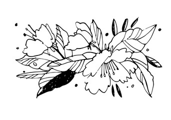 Creative flower graphic illustration. Textures made with black ink. Hand brush painting for your designs: logo, for posters, invitations, cards. Graphic illustration.