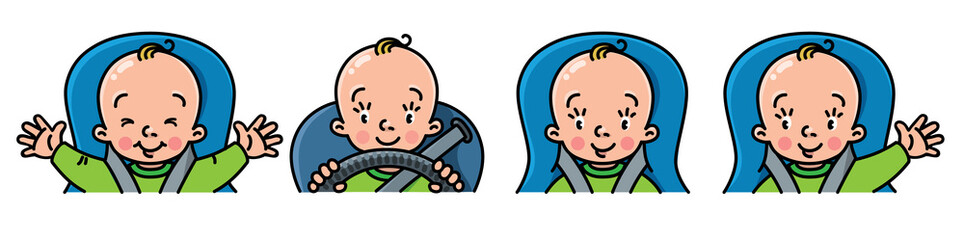 Baby in car icon set. Boy or girl in the seat