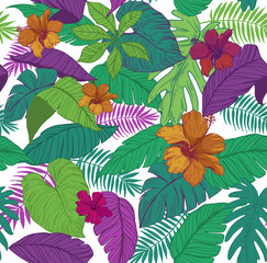 Seamless pattern with tropical leaves and flowers. Vector illustration