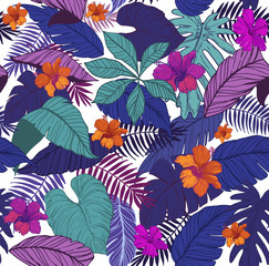 Fototapeta na wymiar Seamless pattern with tropical leaves and flowers. Vector illustration