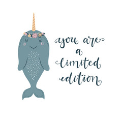 Cute vector illustration with narwhal baby for baby wear and invitation card. © Arina