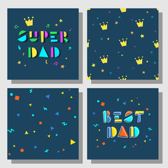 Set of postcards and backgrounds for the father's day. Dark background. Cartoon style. Best Dad, Super Dad.