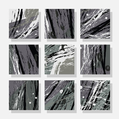 Collection of square backgrounds with bright abstract drawings. Dynamic composition with torn strips. Perfect for brochures, advertising, invitations, postcards and other printed products