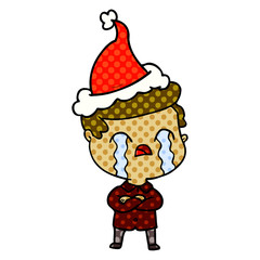 comic book style illustration of a man crying wearing santa hat