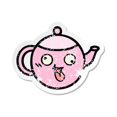 distressed sticker of a cute cartoon teapot
