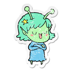 distressed sticker of a happy alien girl cartoon