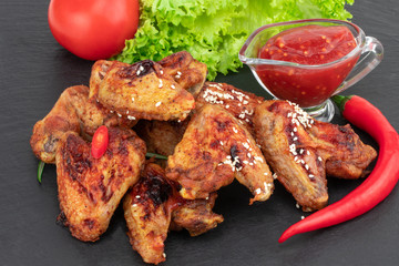 Baked chicken wings with sesame seeds and sweet chili sauce on dark background