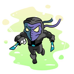 Ninja runs with knives. Funny vector illustration