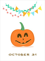 Greeting picture for Halloween with a happy pumpkin and festive garland above it.