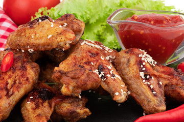 Baked chicken wings with sesame seeds and sweet chili sauce on dark background