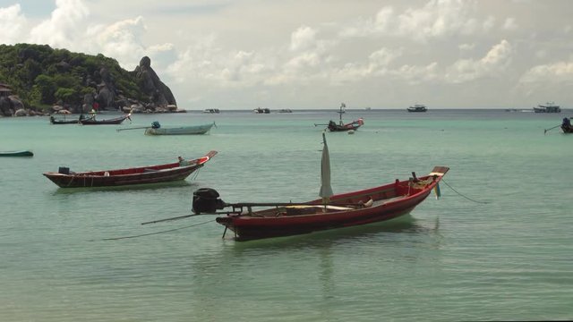 Koh Tao  Thailand Small Wooden Boats Tied To Shore