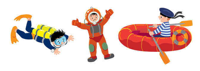 Diver , sailor in the boat and scuba diver.