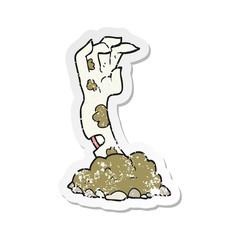 retro distressed sticker of a cartoon zombie hand rising from ground