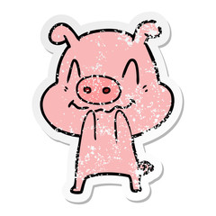 distressed sticker of a nervous cartoon pig