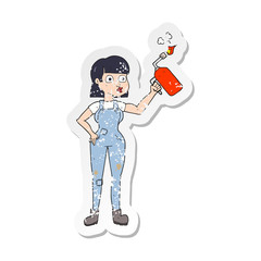 retro distressed sticker of a cartoon woman in dungarees