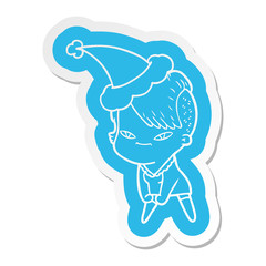 cute cartoon  sticker of a girl with hipster haircut wearing santa hat