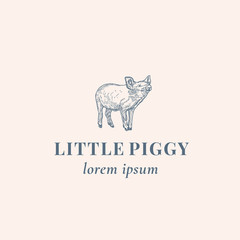 Little Piggy Abstract Vector Sign, Symbol or Logo Template. Elegant Hand Drawn Cute Pig Sillhouette with Retro Typography. Vintage Luxury Feminine Vector Emblem. Isolated