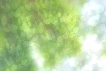 Abstract leaves background. Abstract natural spring light green background texture with leaves and bokeh circles. Space.