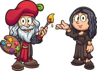 Cartoon boy and girl disguised as Leonardo da Vinci and the Mona Lisa clip art. Vector illustration with simple gradients. Each on a separate layer. 