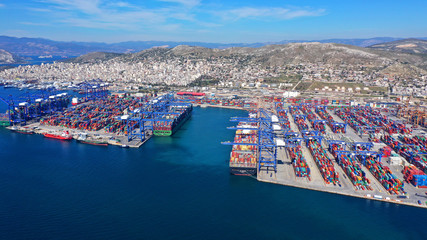 Aerial drone photo of industrial container terminal in commercial port of Piraeus, Drapetsona, Attica, Greece