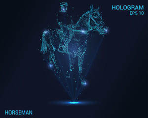 Horseman hologram. Digital and technological background. The rider on the horse.