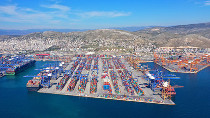 Aerial drone photo of industrial container terminal in commercial port of Piraeus, Drapetsona,...