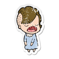 distressed sticker of a cartoon cool hipster girl talking