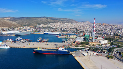Aerial drone photo of industrial container terminal in commercial port of Piraeus, Drapetsona,...