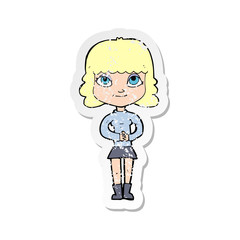 retro distressed sticker of a cartoon happy woman