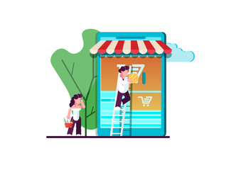 Obraz na płótnie Canvas Vector illustration, flat style, various shops, discounts, purchase of goods and gifts, real estate investment, shopping concept and delivery of goods through online form - Vector