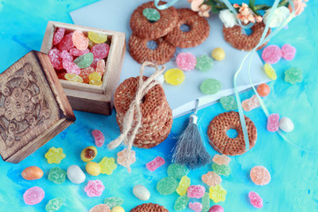 cookies and sweets on a blue background
