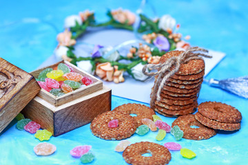 cookies and sweets on a blue background