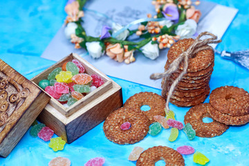 cookies and sweets on a blue background