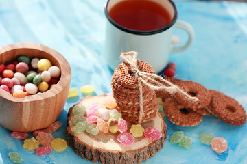 cookies and sweets on a blue background