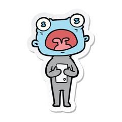 sticker of a cartoon weird alien communicating