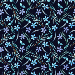 Seamless watercolor pattern with blue flowers and herbs on a black background. Illustration for fabrics, posters, postcards, packaging paper, decoration