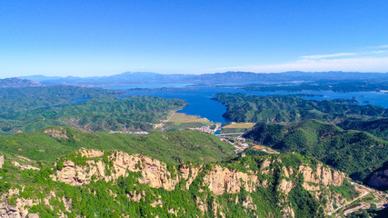 Obraz premium above,aerial view,beautiful,beijing,blue,china,climbing,clouds,destinations,drone,europe,famous,forest,green,hiking,hill,journey,lake,landscape,leisure,miyun,mount,mountain,mountains,natural,nature,ou