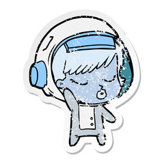 distressed sticker of a cartoon pretty astronaut girl