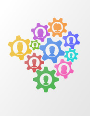 Business concept of teamwork strategy on abstract background with gears, flat style business network mechanism with people icons. Team management vector illustration