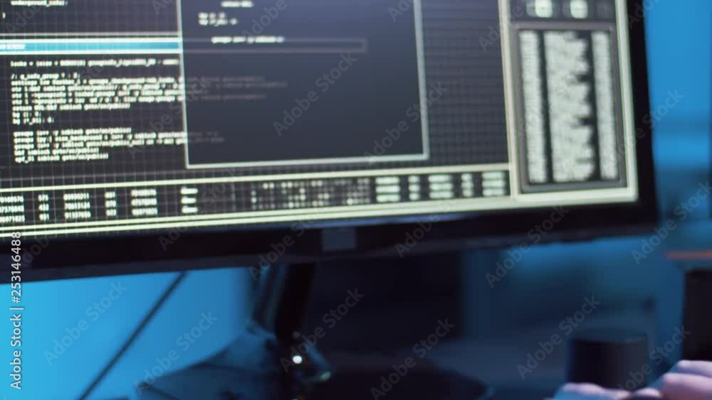 Poster cybercrime, hacking and technology concept - female hacker in dark room creating code or using compu