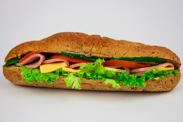 Burger with vegetables, ham and cheese. Meat Hamburger Beef burger on a white background. space for text