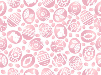 Pink Easter eggs decorated with flowers, leafs and rabbits. Easter repeatable design. Seamless pattern. Can be used for fabric, wallpaper, web background, crap booking, vector