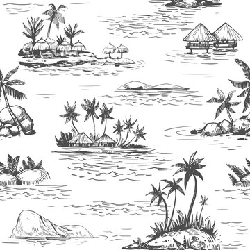 Seamless patterns with tropical landscapes, palm trees, hawaii. Hand drawn style. Vector outline